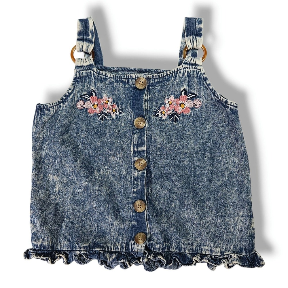 Girls Rule Girls Denim Floral Embroidered Button Front Tank Top Acid Wash Y2K 10